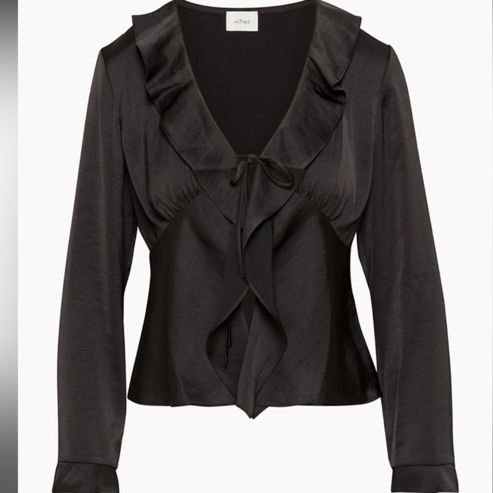Wilfred Aritzia Black Frenchy Satin Ruffle Blouse Size XS